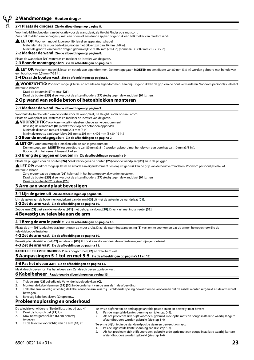 Sanus Systems LF228 instruction manual Wandmontage Houten drager, Op wand van solide beton of betonblokken monteren 