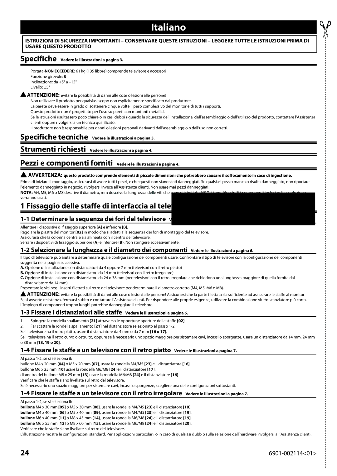 Sanus Systems LF228 instruction manual Italiano, Fissaggio delle staffe di interfaccia al televisore, 38 mm 18, 19 o 