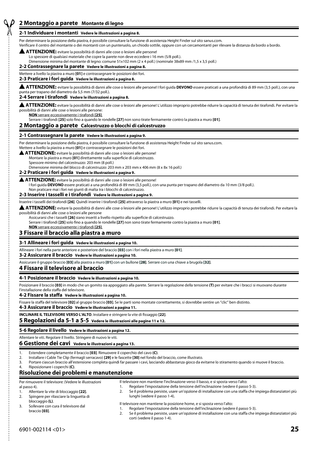 Sanus Systems LF228 instruction manual Montaggio a parete Montante di legno, Fissare il braccio alla piastra a muro 