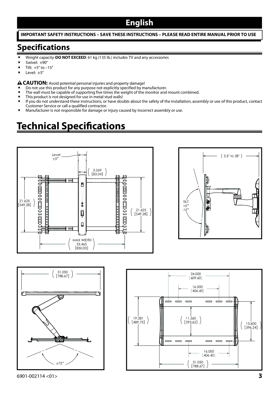 Sanus Systems LF228 instruction manual English, Specifications 