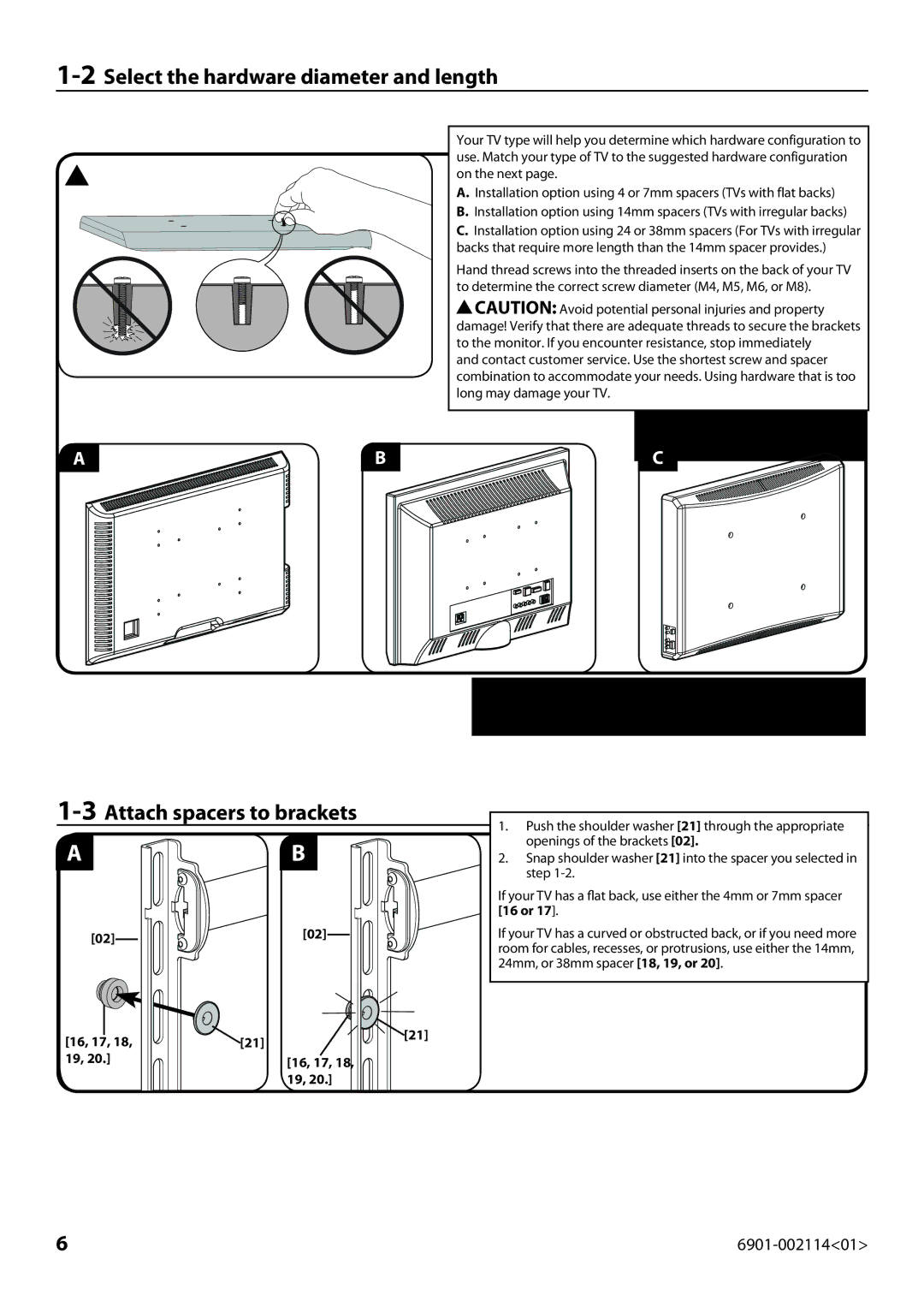 Sanus Systems LF228 instruction manual 2Select the hardware diameter and length, 3Attach spacers to brackets 