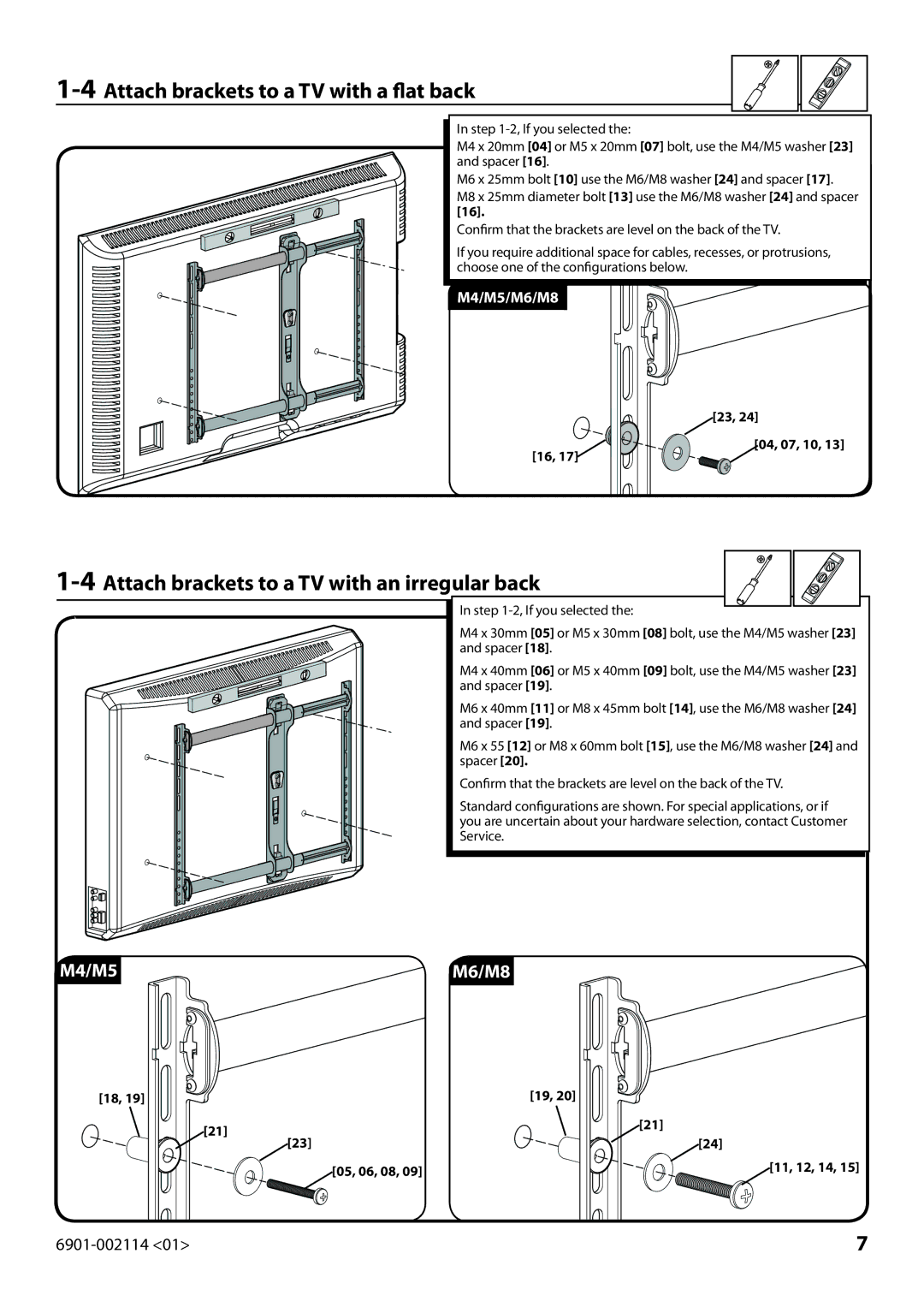 Sanus Systems LF228 4Attach brackets to a TV with a flat back, Attach brackets to a TV with an irregular back 