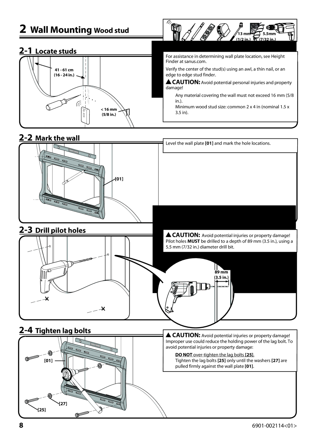 Sanus Systems LF228 Wall Mounting Wood stud, 1Locate studs, 2Mark the wall 3Drill pilot holes 4Tighten lag bolts, 13 mm 