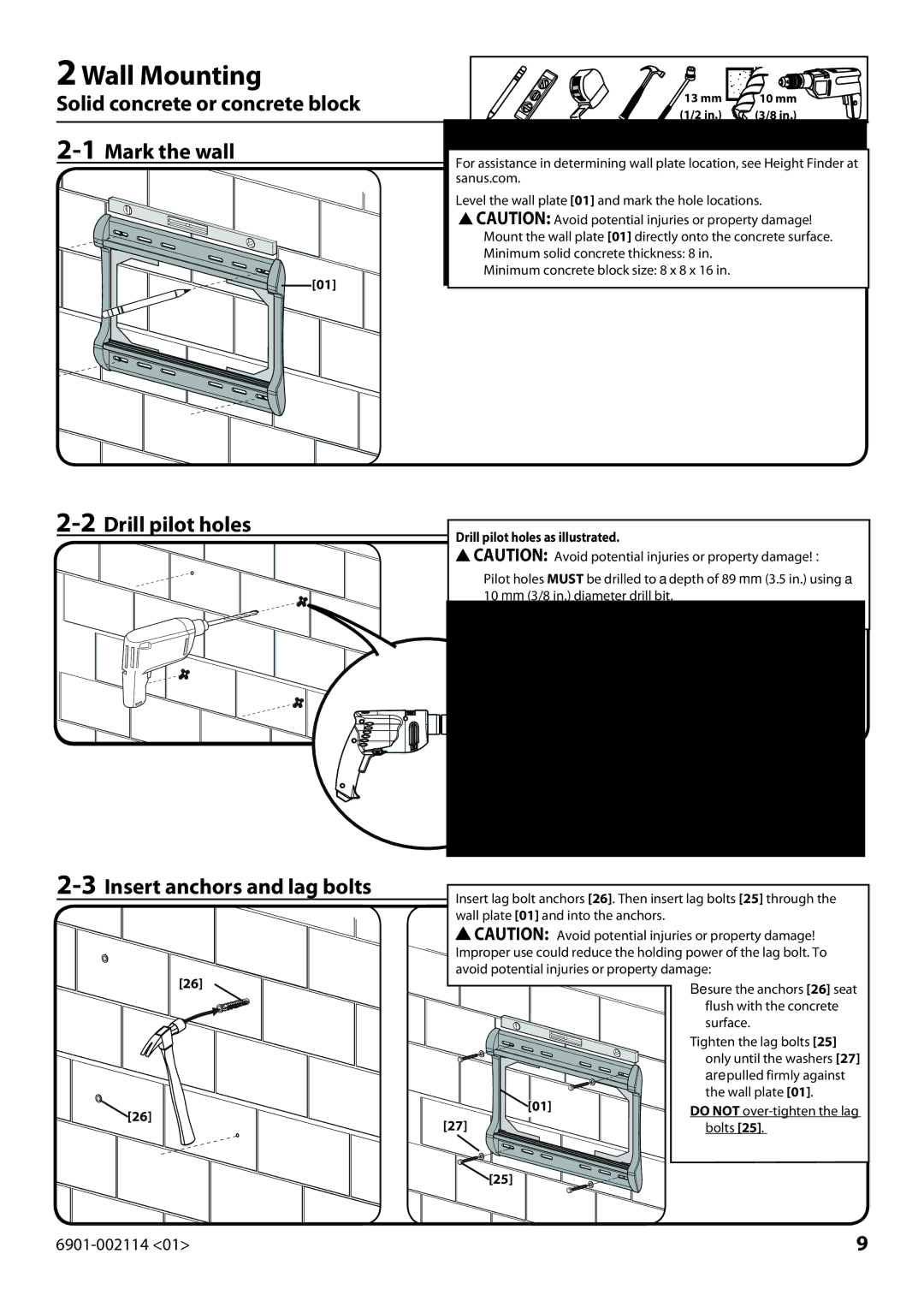 Sanus Systems LF228 instruction manual Wall Mounting, Solid concrete or concrete block, 1Mark the wall, 13 mm 10 mm 