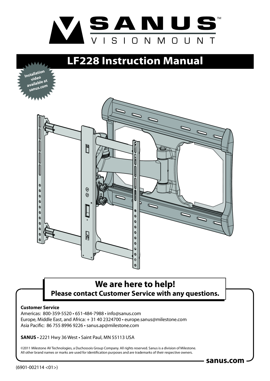 Sanus Systems instruction manual sanus.com, LF228 Instruction Manual, We are here to help 