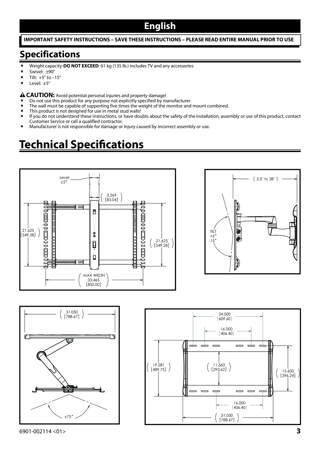 Sanus Systems LF228 instruction manual English, Technical Specifications, 6901-002114 