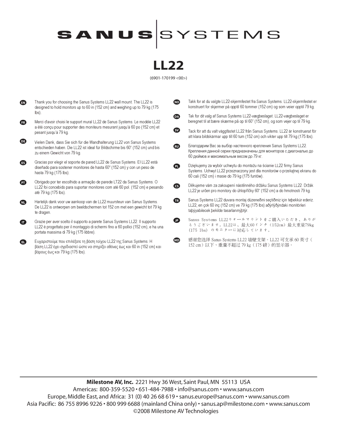 Sanus Systems LL22 manual 