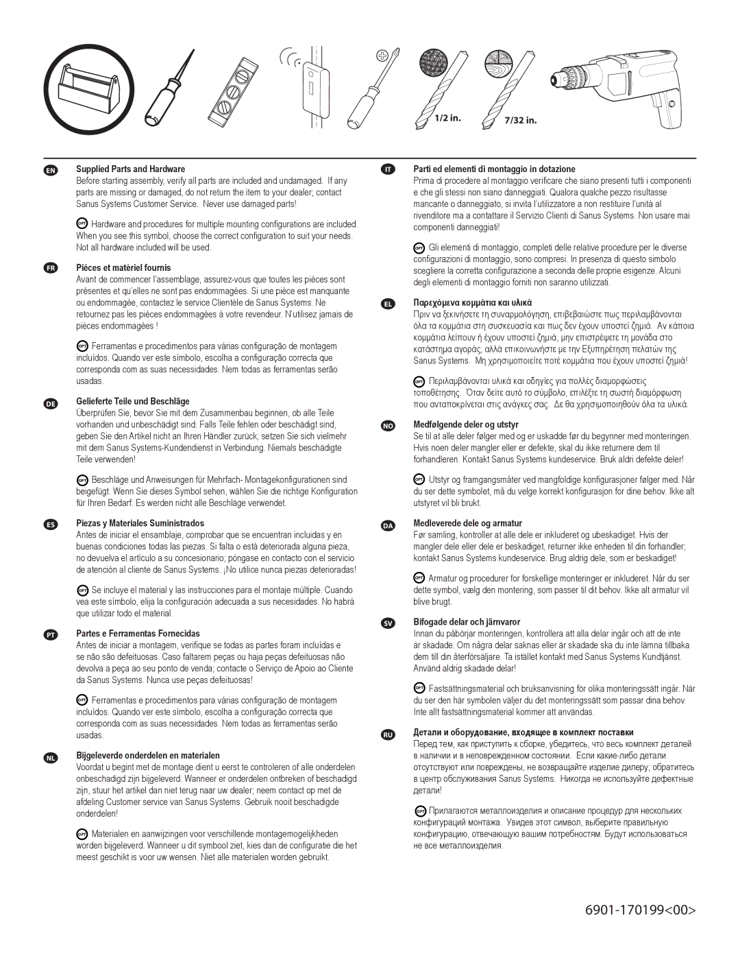 Sanus Systems LL22 manual Supplied Parts and Hardware, Pièces et matériel fournis, Gelieferte Teile und Beschläge 