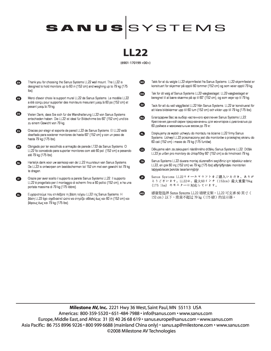 Sanus Systems LL22 manual 