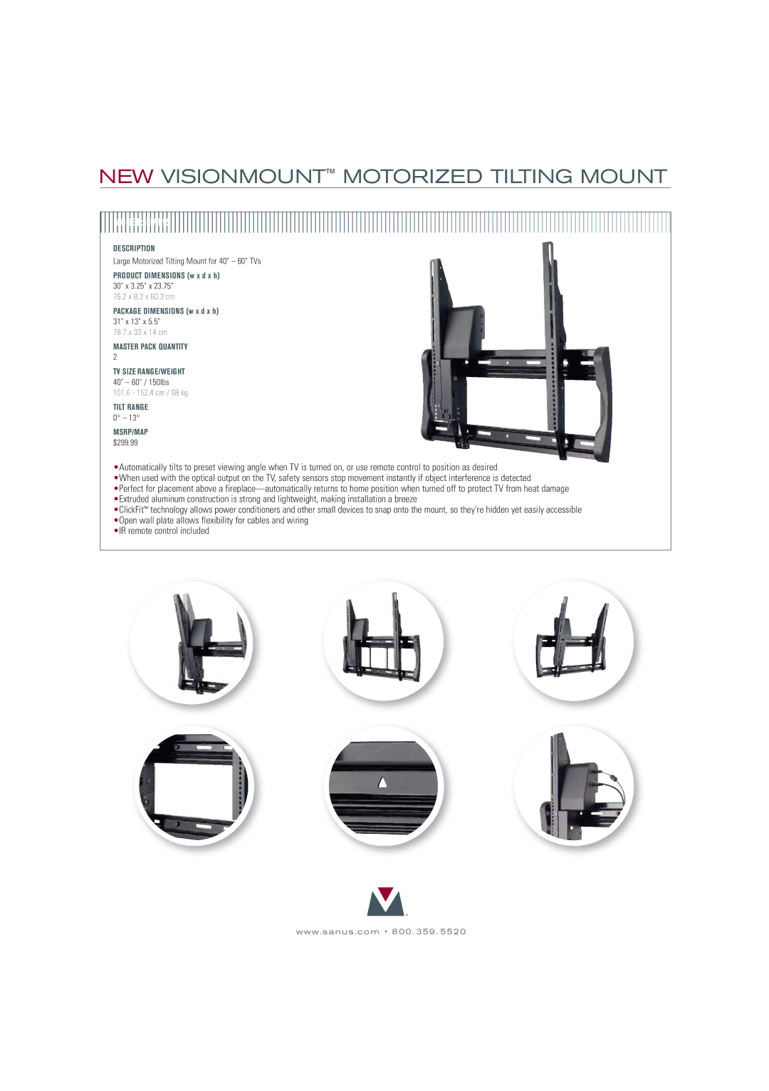 Sanus Systems LMT15-B1 manual Model LMT15, Description, Master Pack Quantity, Tilt Range MSRP/MAP 