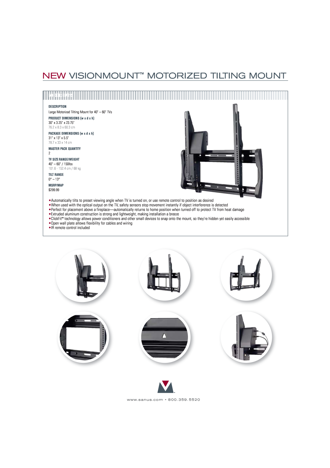 Sanus Systems LMT15-B1 manual New Visionmount Motorized Tilting Mount, MODELLMT15 