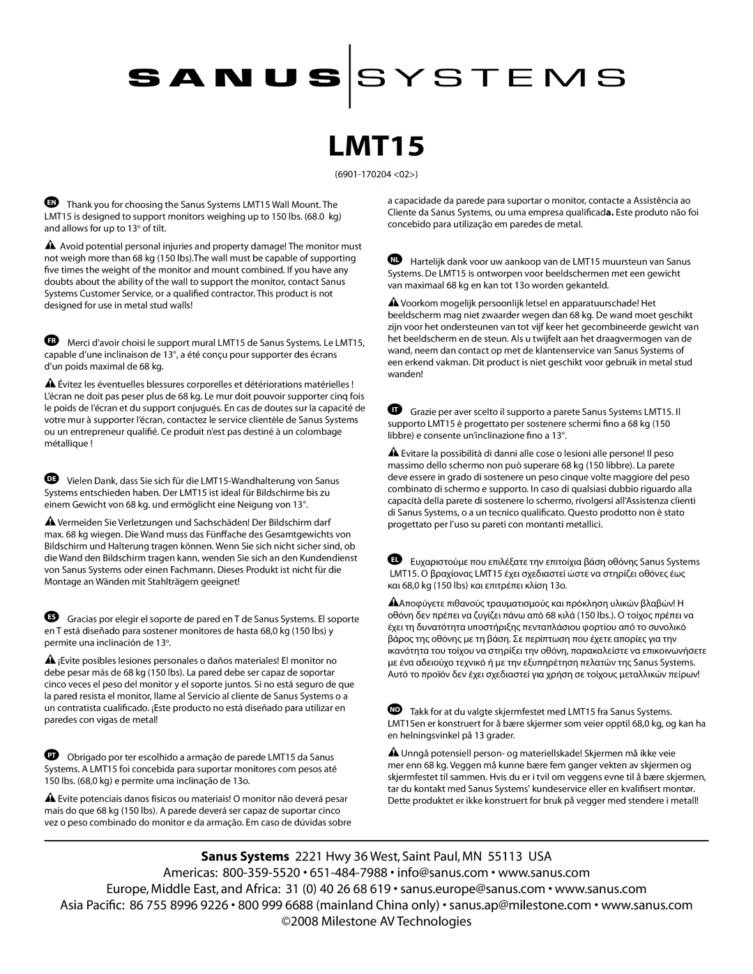 Sanus Systems LMT15 manual 