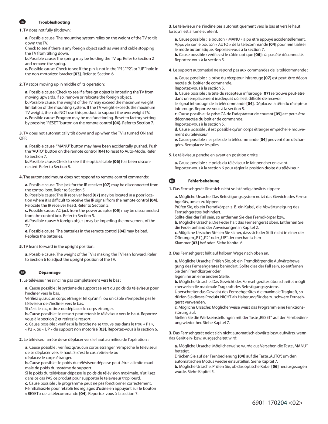 Sanus Systems LMT15 manual EN Troubleshooting, FR Dépannage, DE Fehlerbehebung 