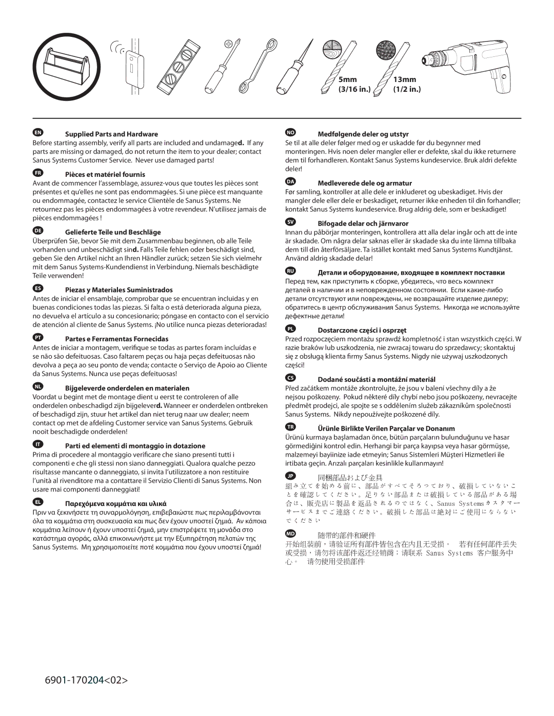 Sanus Systems LMT15 manual DE Gelieferte Teile und Beschläge, ES Piezas y Materiales Suministrados 