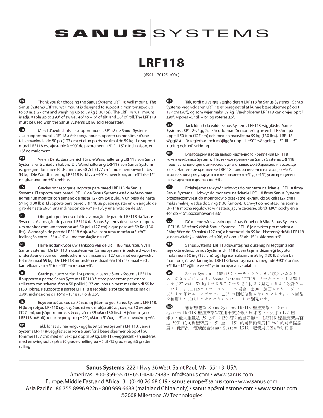 Sanus Systems LRF118-B1 manual 