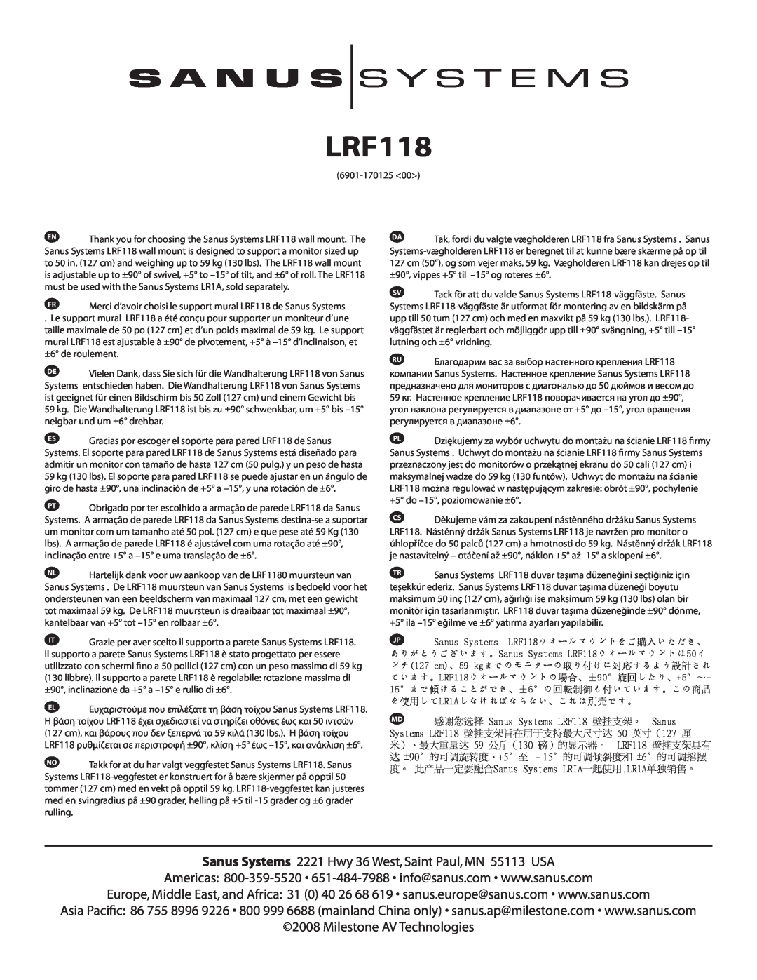 Sanus Systems LRF118-B1 manual 