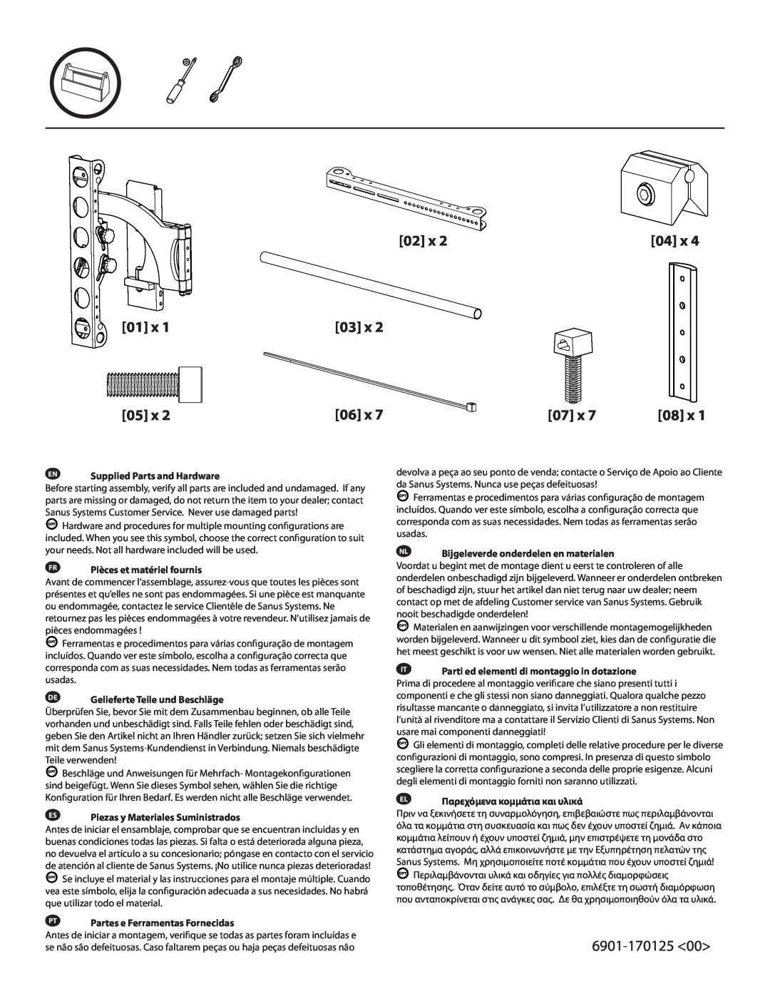 Sanus Systems LRF118-B1 manual 6901-170125, EN Supplied Parts and Hardware, FR Pièces et matériel fournis 