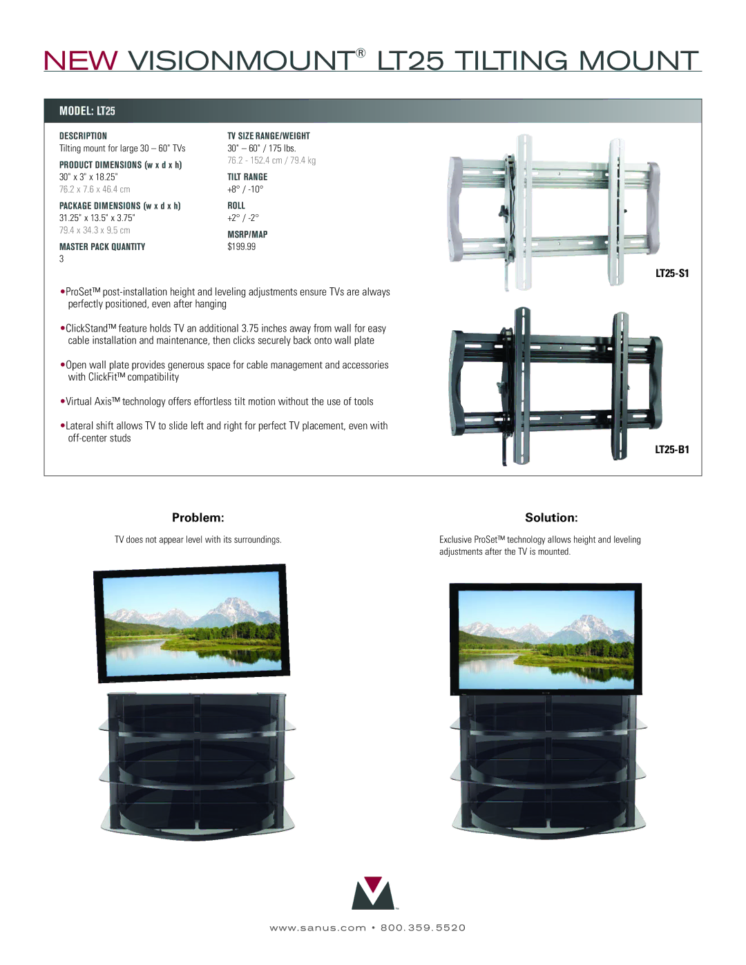 Sanus Systems manual Solution, Model LT25, LT25-S1, LT25-B1 Problem 