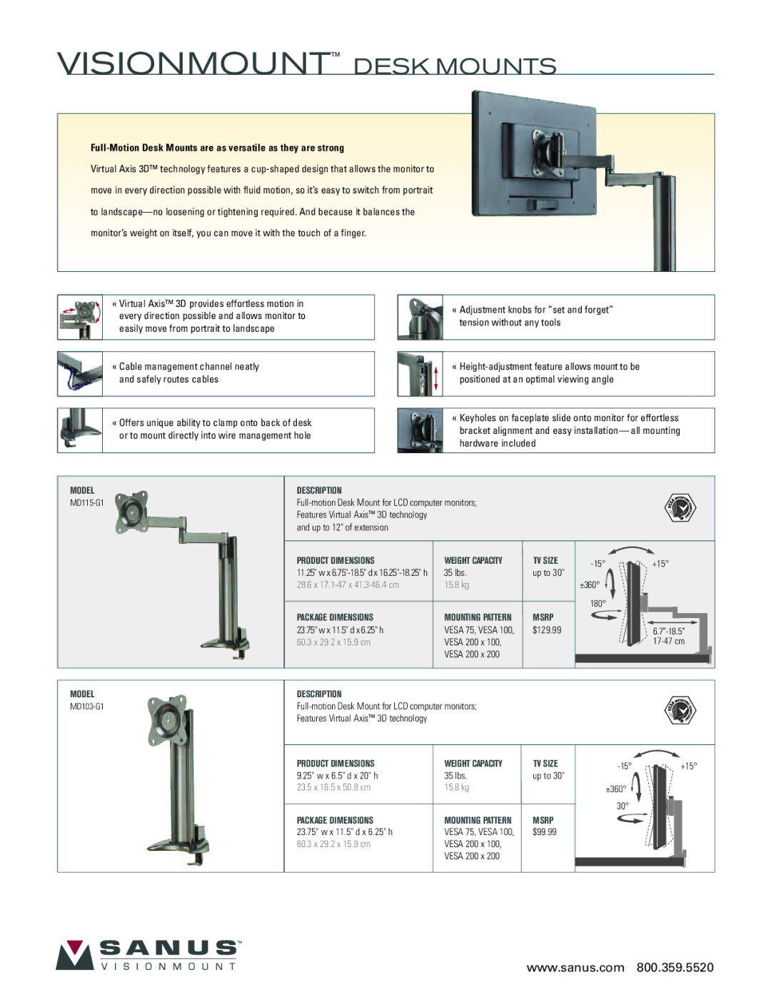 Sanus Systems MD115-G1, MD103-G1 manual Visionmount Desk Mounts, Full-Motion Desk Mounts are as versatile as they are strong 