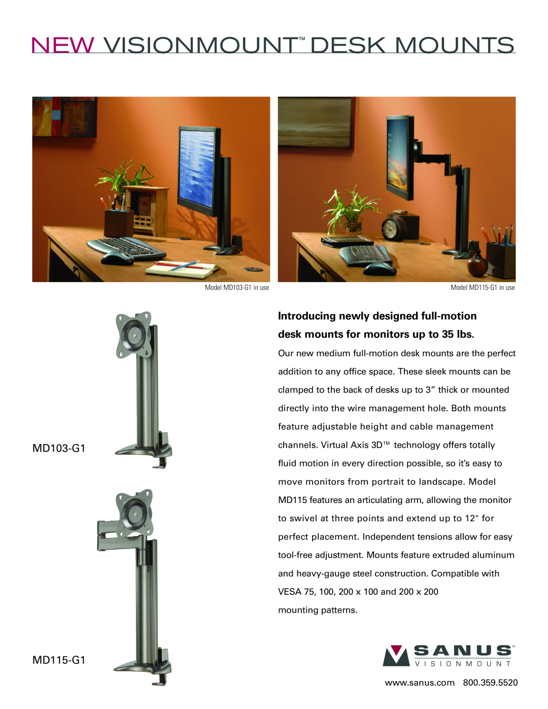 Sanus Systems manual New Visionmount Desk Mounts, MD103-G1 MD115-G1, Introducing newly designed full-motion 
