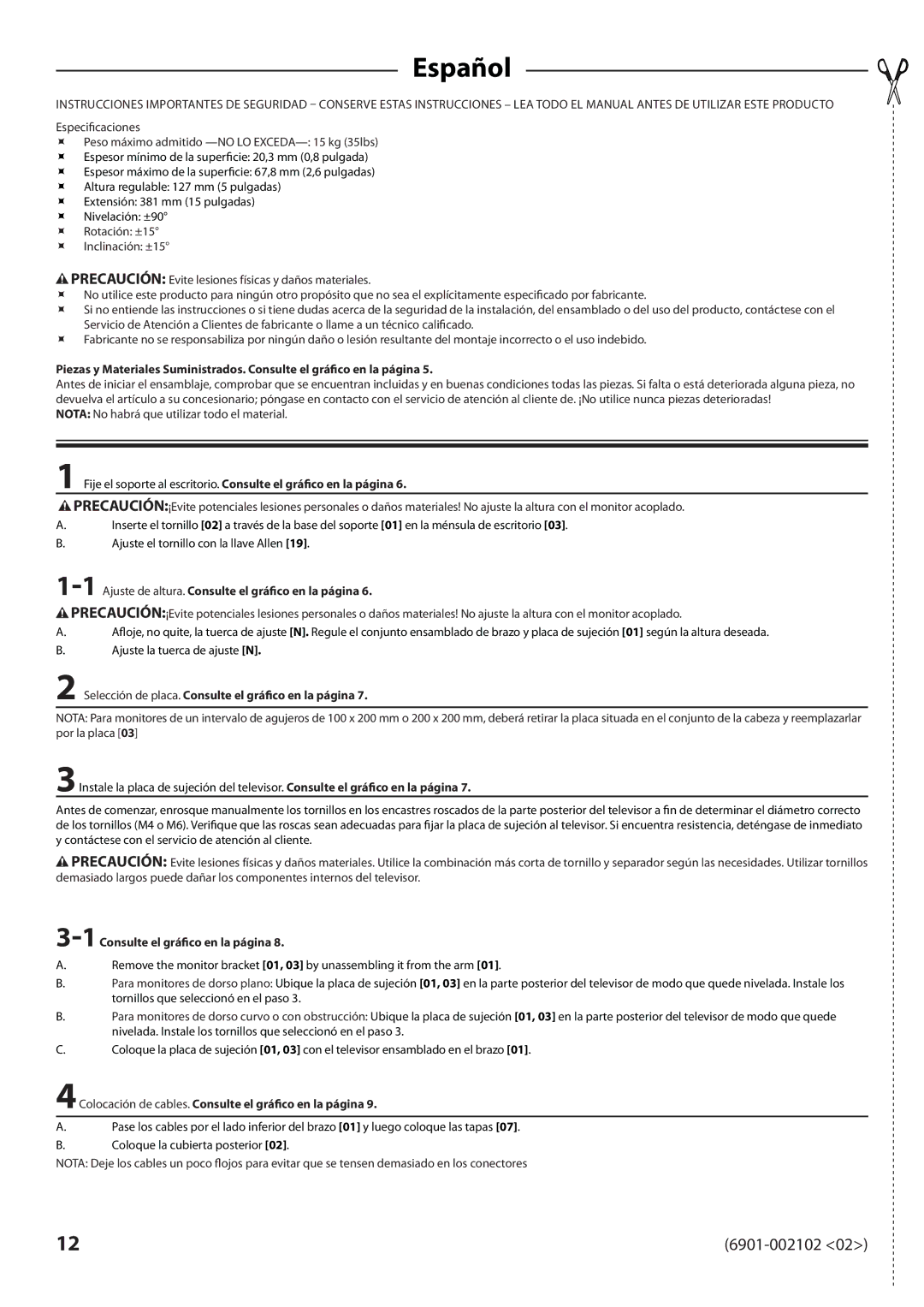 Sanus Systems MD115 manual Español, 1Ajuste de altura. Consulte el gráfico en la página, 1Consulte el gráfico en la página 