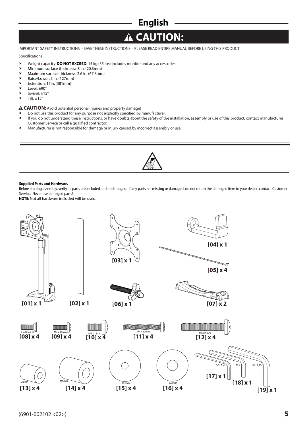 Sanus Systems MD115 manual English, Supplied Parts and Hardware 