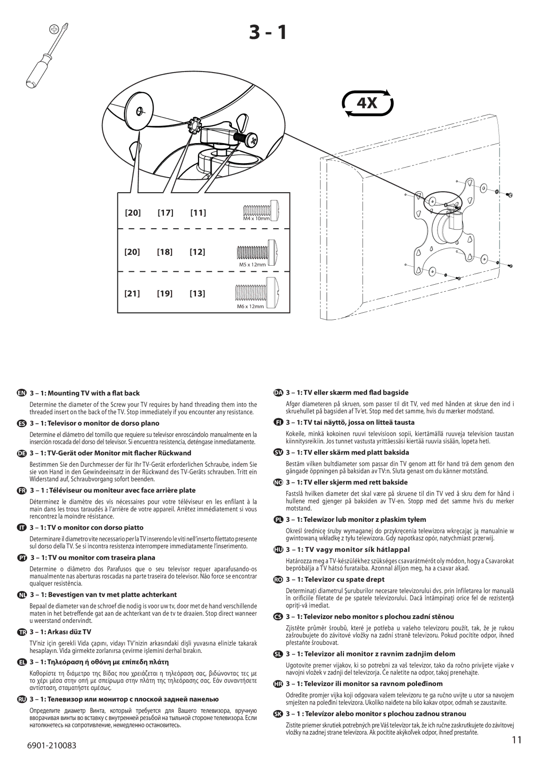 Sanus Systems MF203 EN 3 1 Mounting TV with a flat back, DA 3 1 TV eller skærm med flad bagside, TR 3 1 Arkası düz TV 