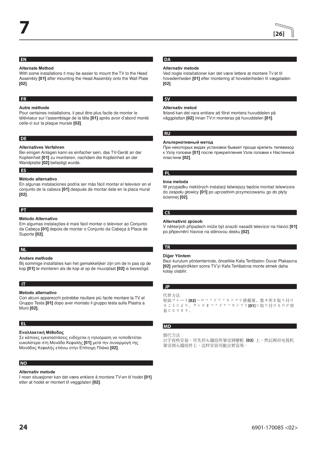 Sanus Systems MF215 manual Alternate Method, Alternativ metode, Autre méthode, Alternatives Verfahren, Método alternativo 