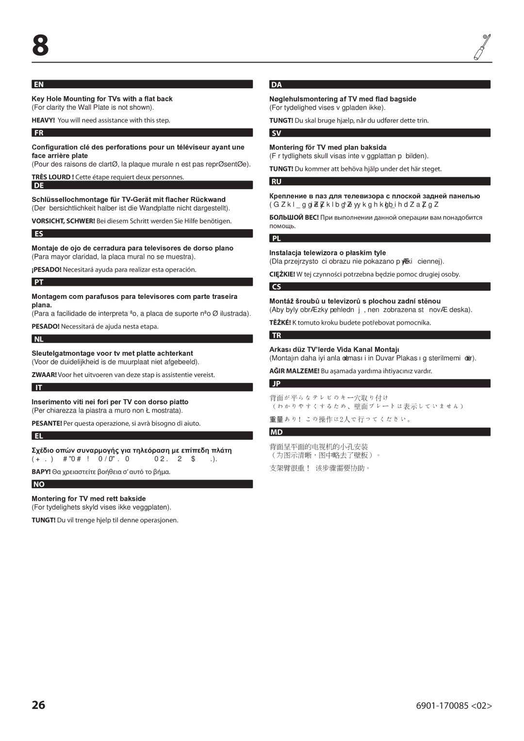 Sanus Systems MF215 manual Montering for TV med rett bakside, Montering för TV med plan baksida 