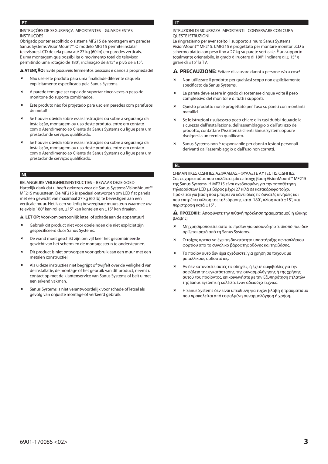 Sanus Systems MF215 manual 6901-170085 