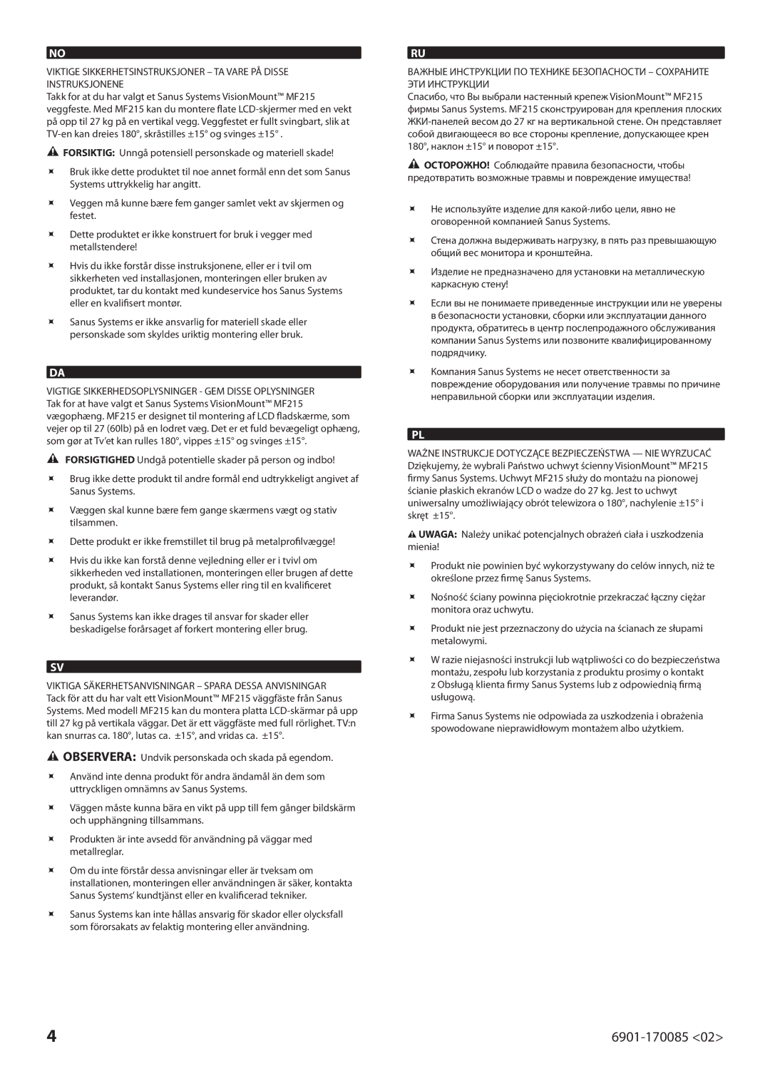 Sanus Systems MF215 manual 6901-170085 