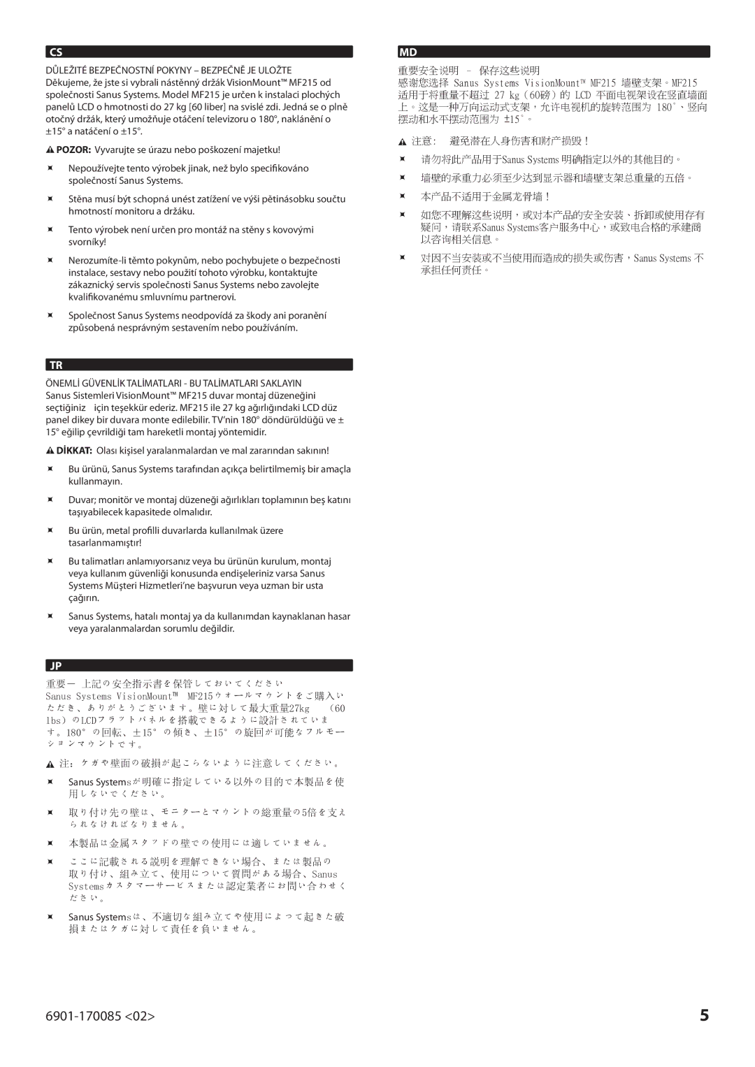 Sanus Systems MF215 manual 重要－ 上記の安全指示書を保管しておいてください 