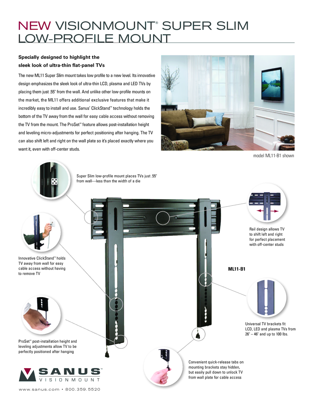 Sanus Systems ML11-B1 manual NEW Visionmount Super Slim LOW-PROFILE Mount, Universal TV brackets fit 