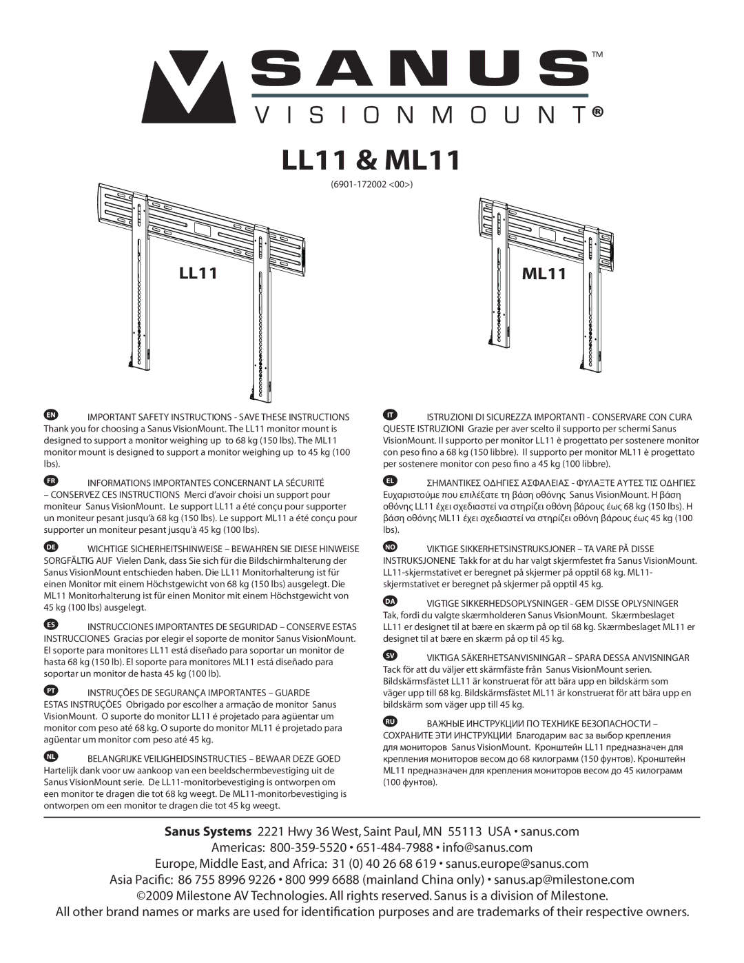 Sanus Systems important safety instructions LL11 & ML11 