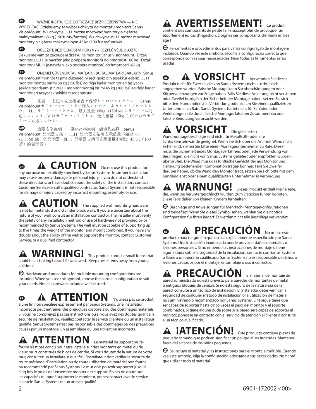 Sanus Systems ML11, LL11 important safety instructions Vorsicht Verwenden Sie dieses, Precaución No utilice este 