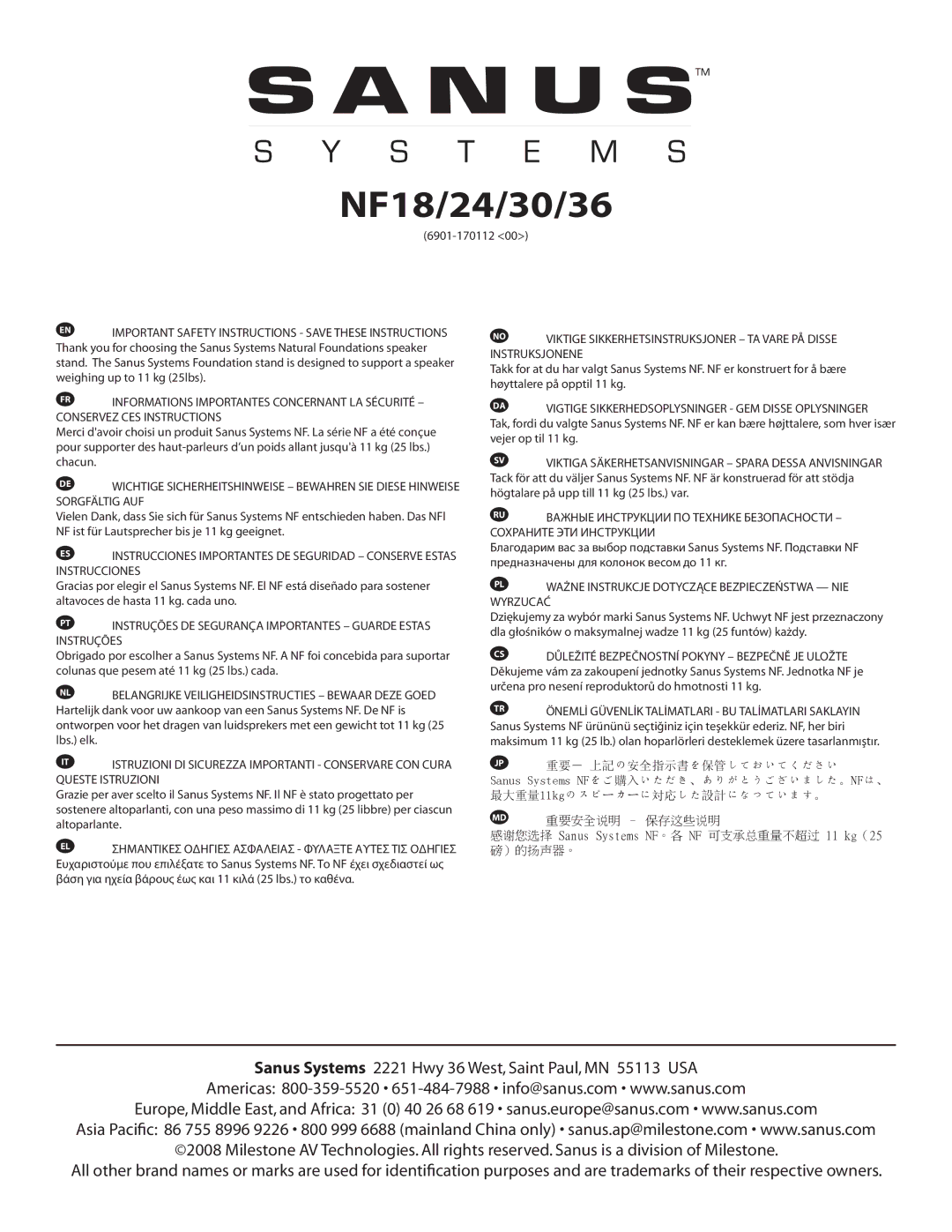 Sanus Systems NF24, NF30, NF36 important safety instructions NF18/24/30/36 