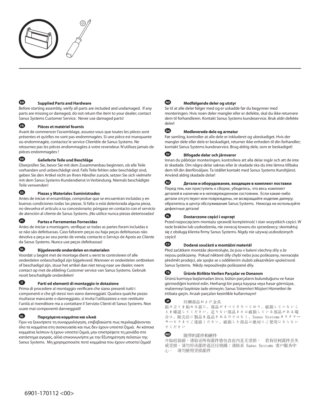 Sanus Systems NF24, NF30, NF18, NF36 important safety instructions EN Supplied Parts and Hardware 