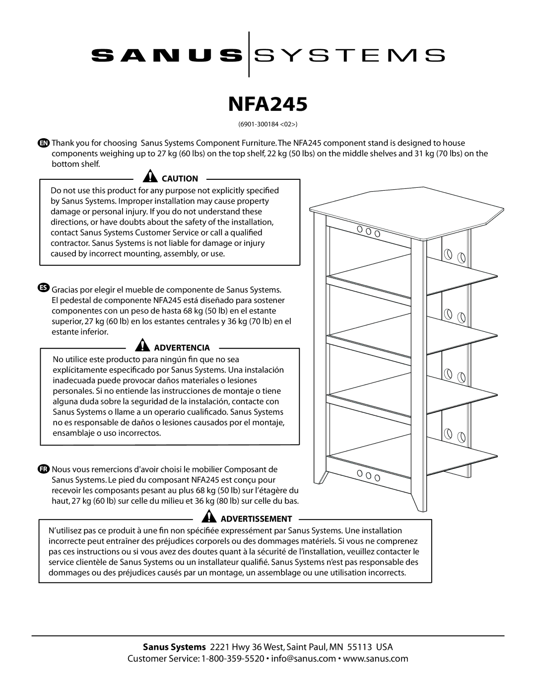 Sanus Systems NFA245 manual Advertencia 