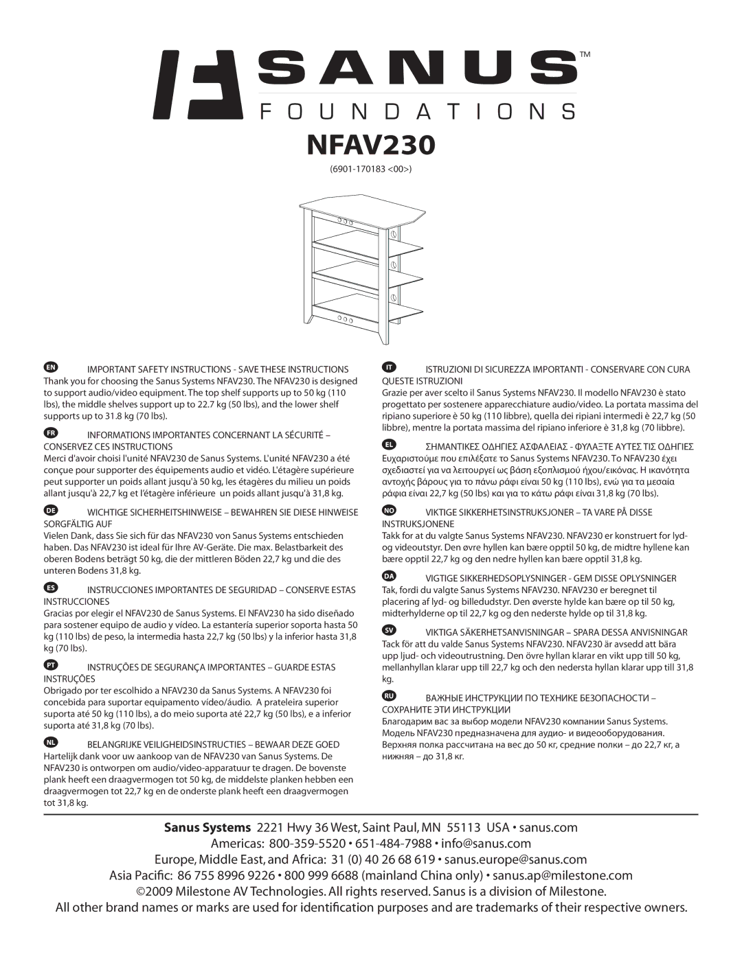 Sanus Systems NFAV230 important safety instructions 