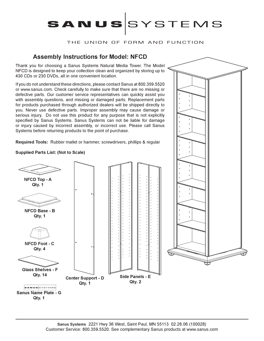 Sanus Systems NFCD manual Assembly Instructions for Model Nfcd, Qty Sanus Name Plate G 