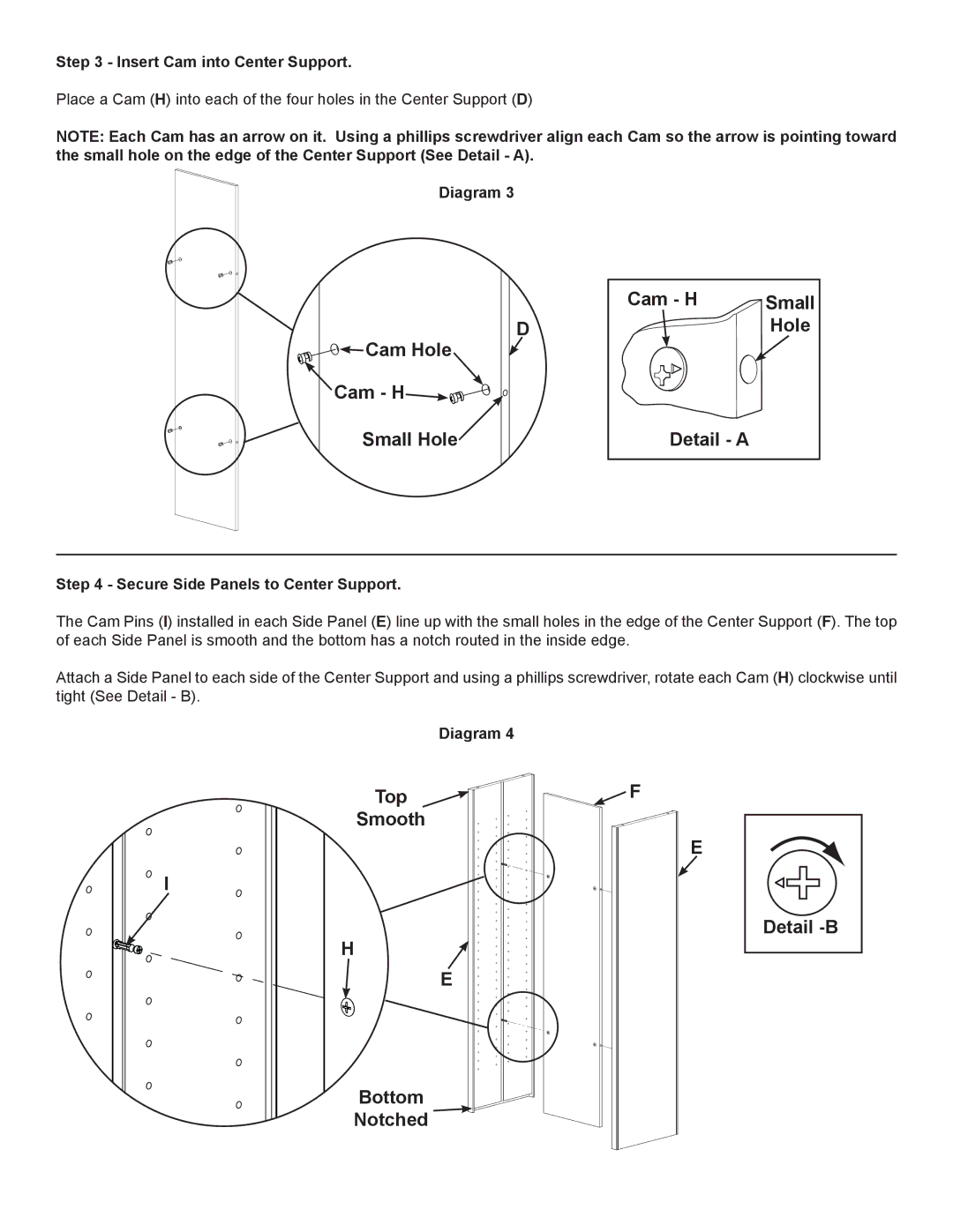 Sanus Systems NFCD manual Insert Cam into Center Support, Secure Side Panels to Center Support 