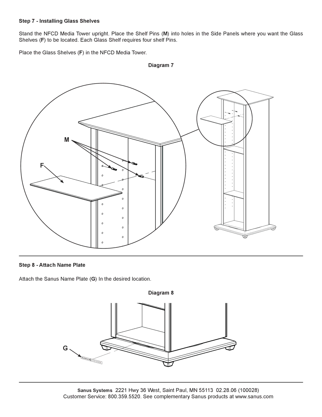 Sanus Systems NFCD manual Installing Glass Shelves, Diagram Attach Name Plate 