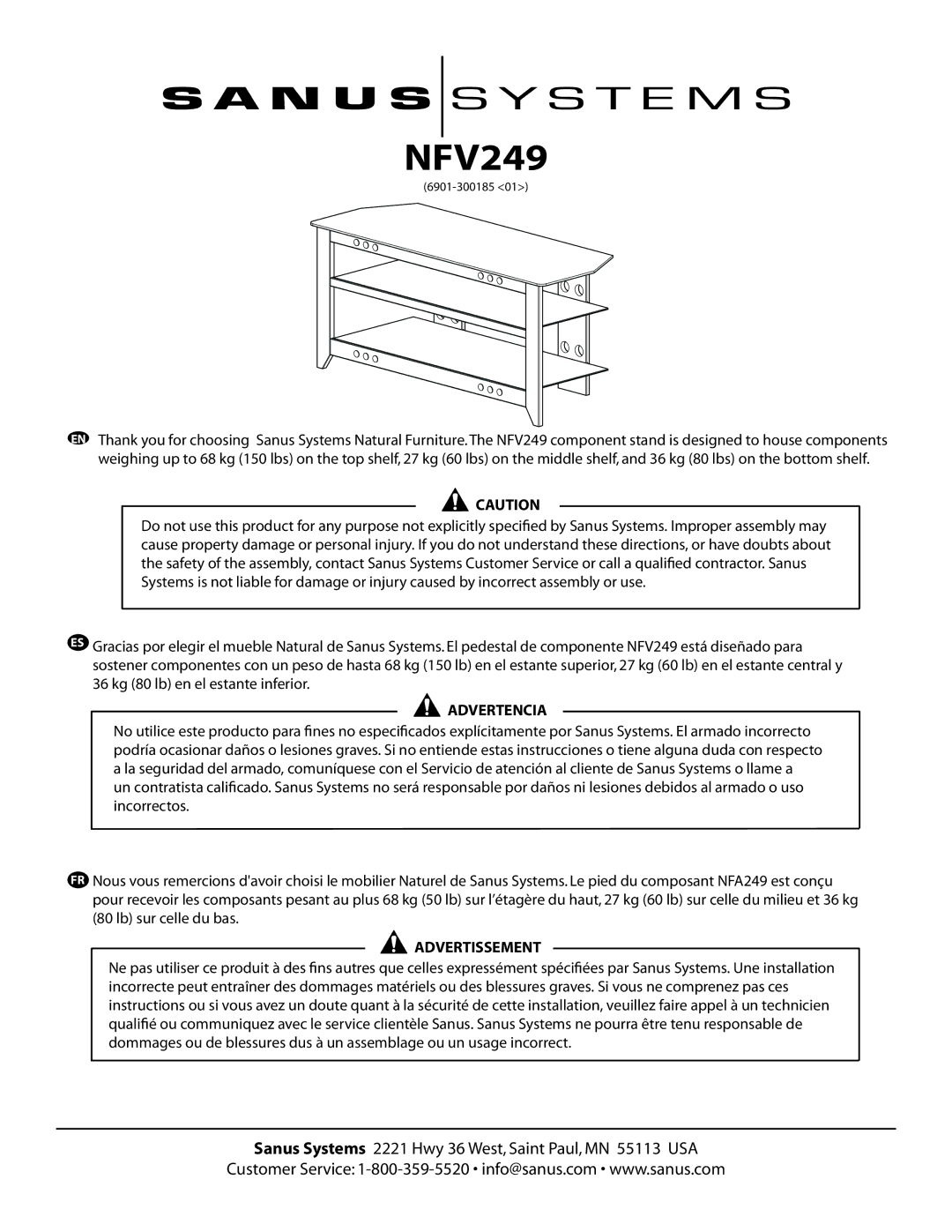 Sanus Systems NFV249 manual Advertencia 