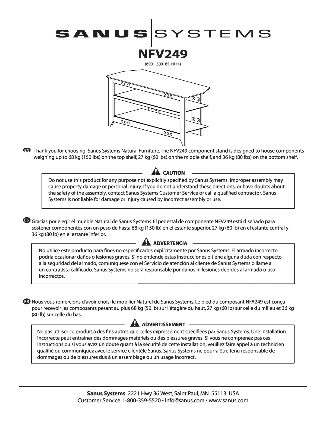 Sanus Systems NFV249 manual Advertencia, Advertissement 