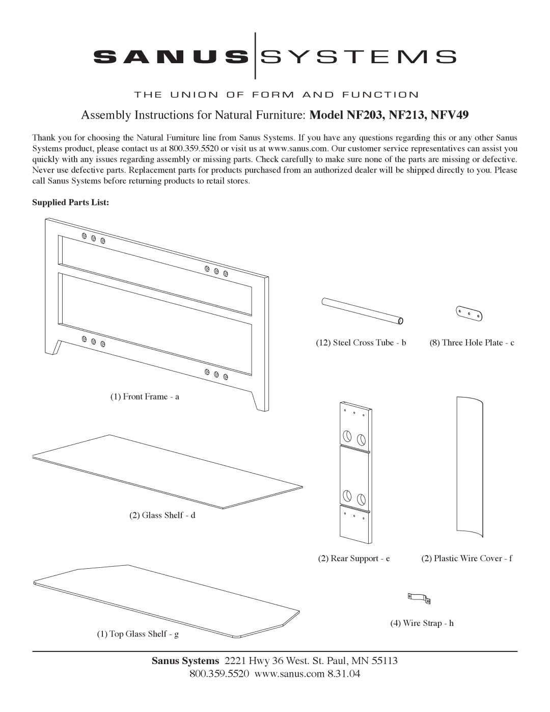 Sanus Systems NF213, NFV49, NF203 manual Sanus Systems 2221 Hwy 36 West. St. Paul, MN, Supplied Parts List 