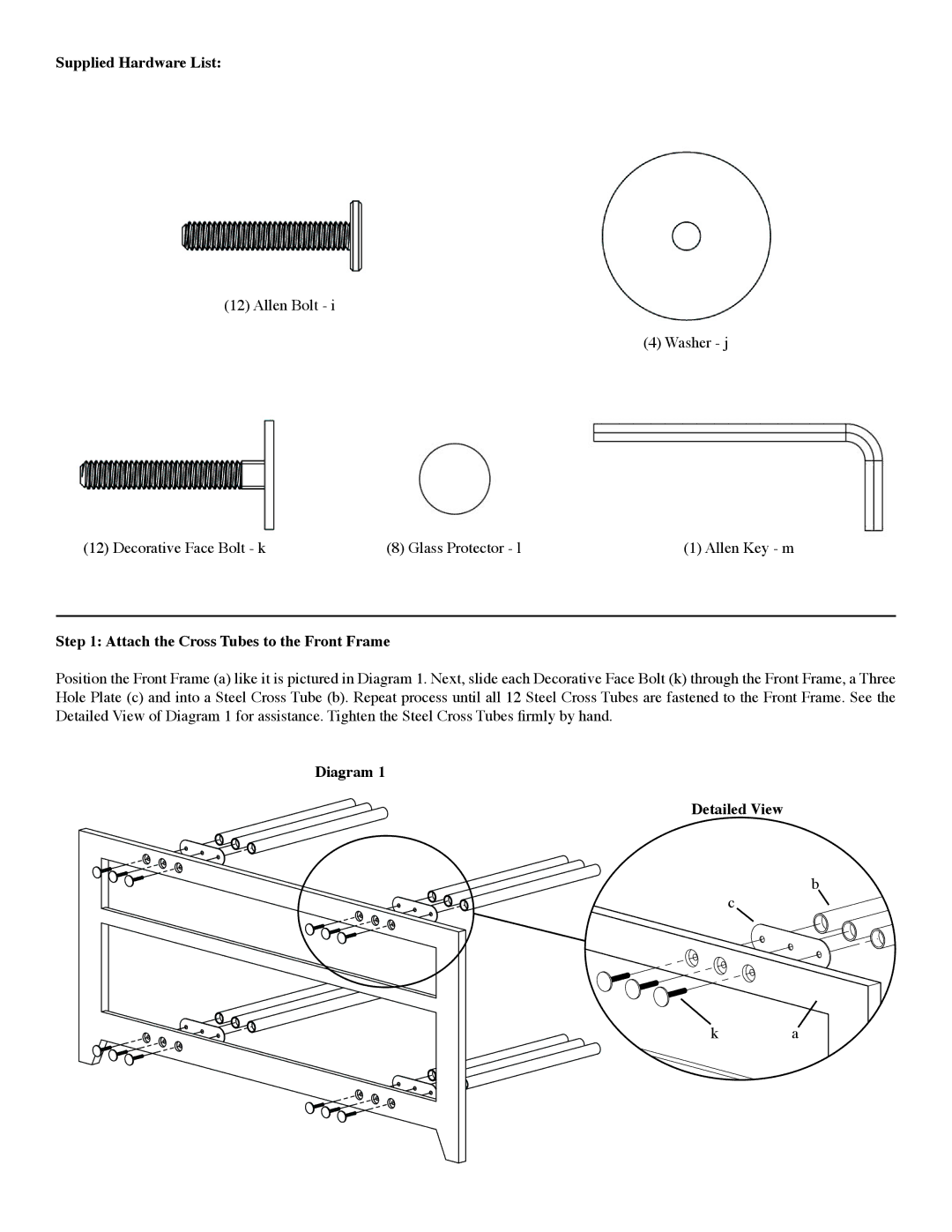 Sanus Systems NF203, NFV49, NF213 Supplied Hardware List, Attach the Cross Tubes to the Front Frame, Diagram Detailed View 