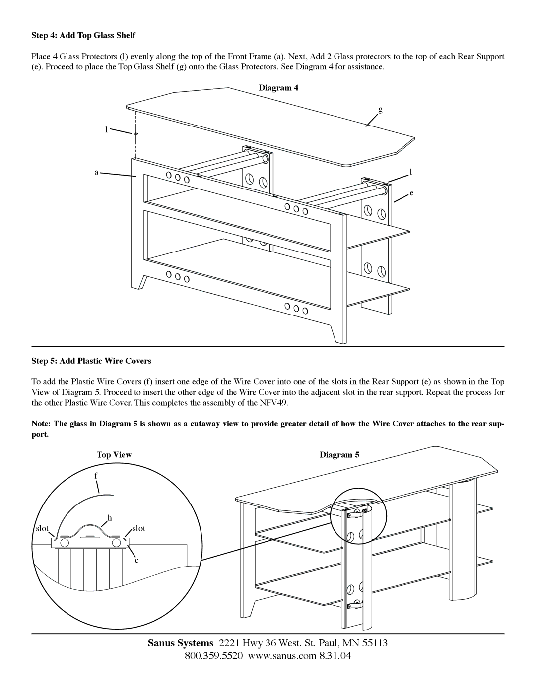 Sanus Systems NF213, NFV49, NF203 manual Add Top Glass Shelf, Diagram Add Plastic Wire Covers, Top View Diagram 