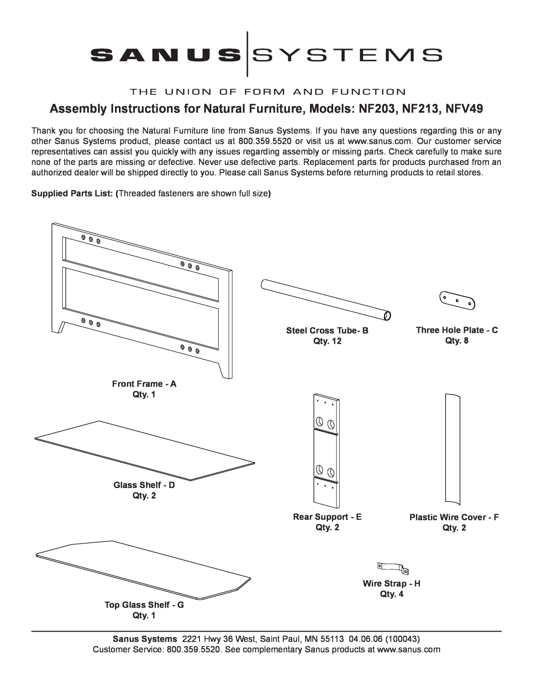 Sanus Systems NF213, NFV49 manual Steel Cross Tube- B, Front Frame - A Qty. Glass Shelf - D Qty, Rear Support - E 