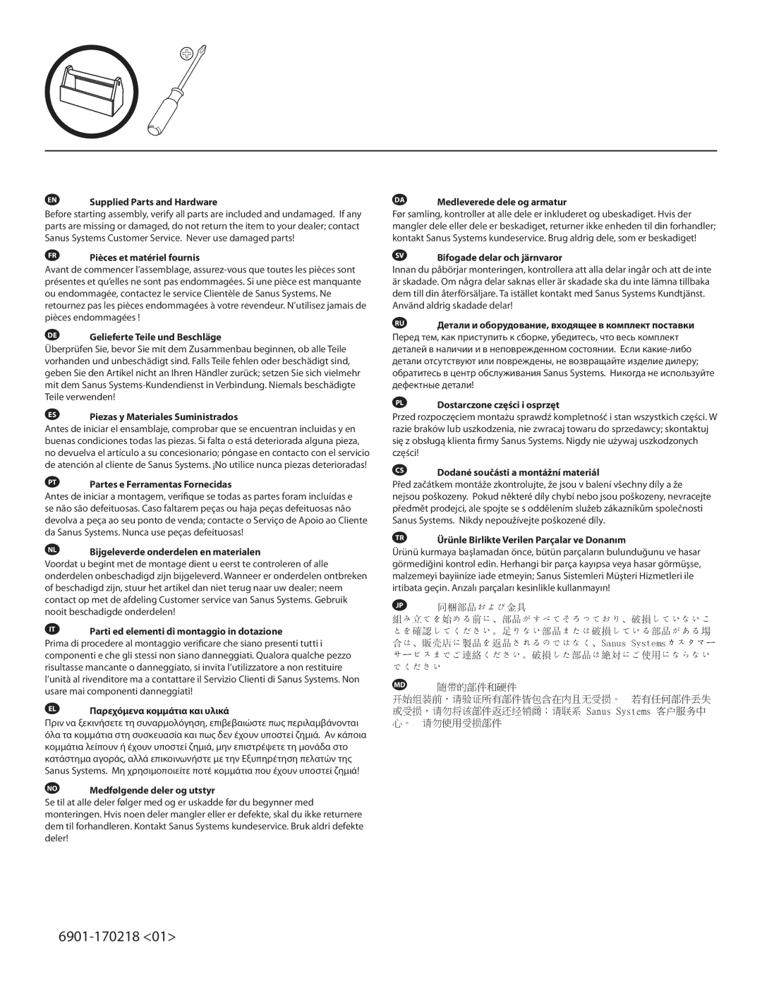 Sanus Systems PFAV30 important safety instructions EN Supplied Parts and Hardware 