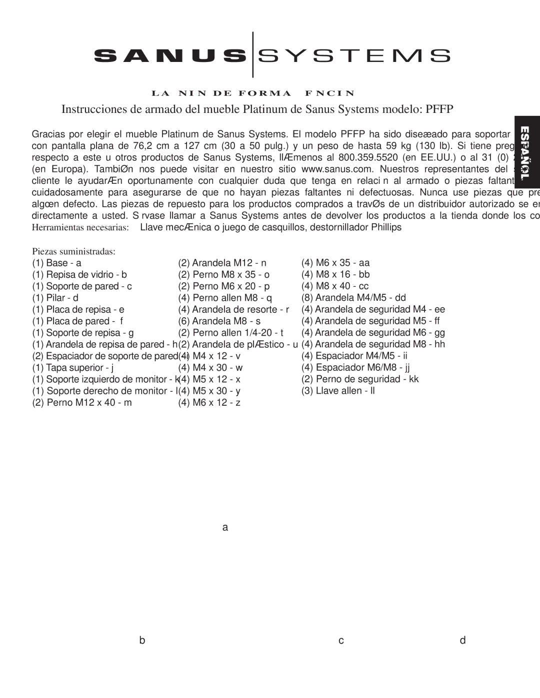 Sanus Systems PFFP manual Piezas suministradas 